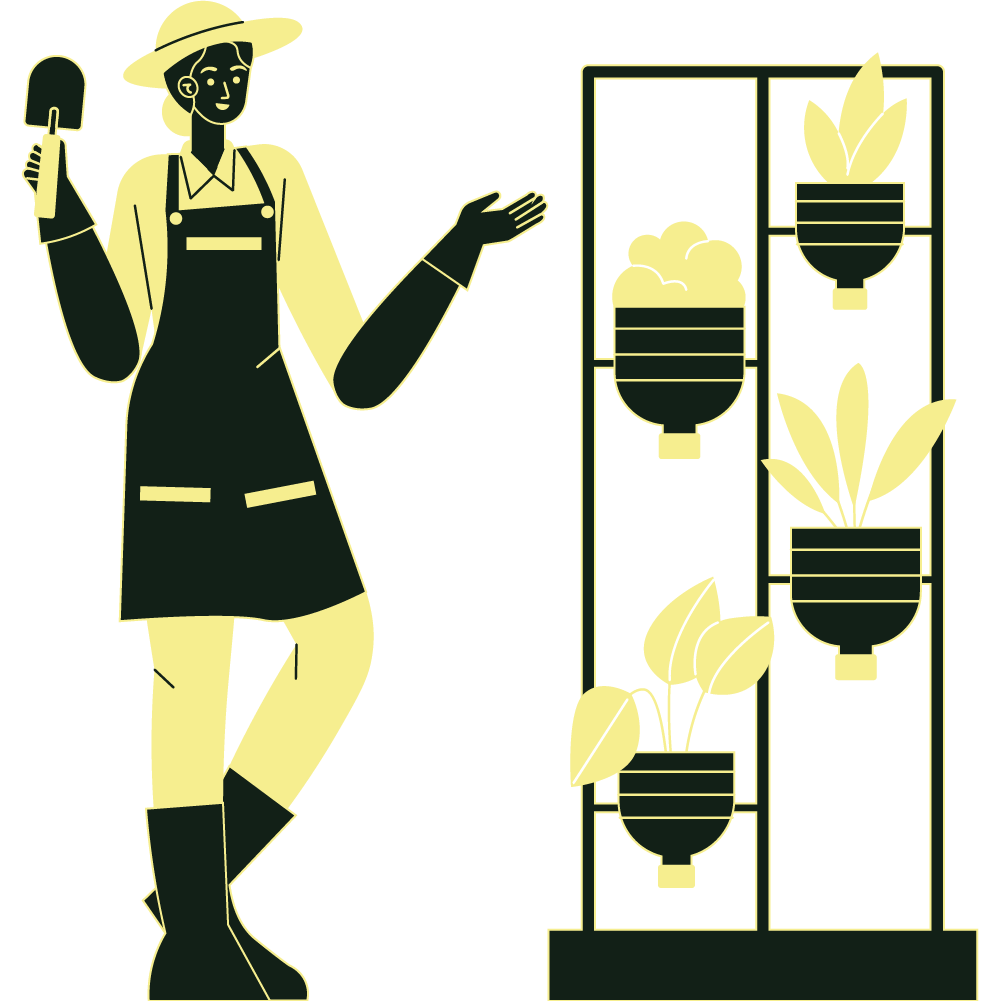 Ilustración de jardinero planificando y diseñando un jardín con plantas y flores