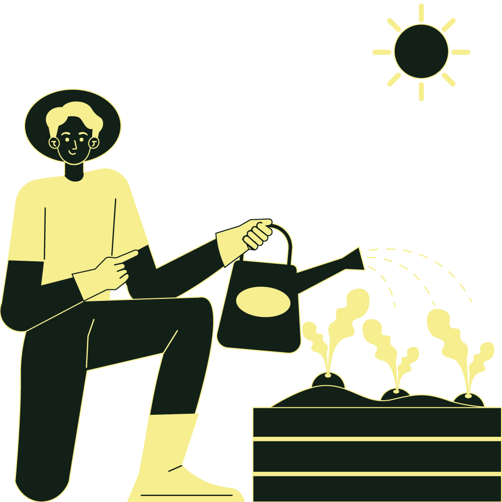 Ilustración de jardinero regando plantas durante la construcción de un jardín